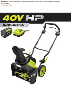 RYOBI 40V HP Brushless 18 in. Single-Stage Cordless Electric Snow Blower with 6.0 Ah Battery and Charger. See Pictures