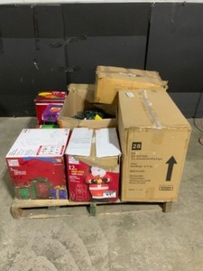 Pallet of ChristmasHalloween Inflatables, Lights, Motion Whirl, Fog Timer, Christmas Cards & More Various Conditions. See Pictures