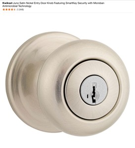 (2) Kwikset Juno Satin Nickel Entry Door Knob Featuring SmartKey Security with Microban Antimicrobial Technology. See Pictures