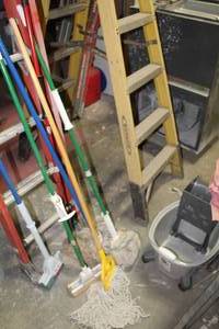 lot 37 image: Lot of (8) Floor Cleaning Tools - Assorted Mops, Mop Bucket, Mop Wringer