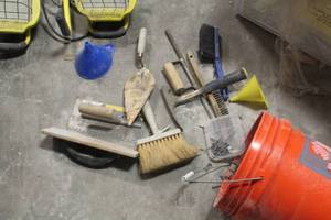 lot 68 image: Lot of (12) Masonry Hand Tools - Trowels, Brushes, Funnels, Misc Hardware and Tools