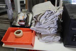 lot 125 image: PaintingMudding Tools and Supplies - Drop Cloths (6), Paint Pans, Mud Pans