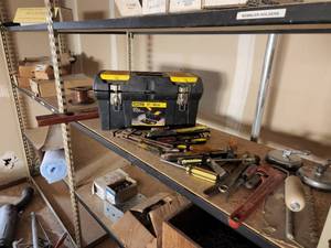 lot 195 image: Stanley Plastic Tool Box w Hand Tools - Pipe Wrenches, Crescent Wrenches, Stapler, Screwdrivers, Nutdrivers, Glass Suction Cups