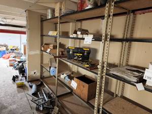 lot 208 image: Shelving Unit - (3) Uprights, (12) Shelf Brackets, (10) Pressed Board Shelves