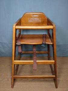lot 80 image: Winco CHH-104 Stackable Restaurant Rubberwood High Chair, Walnut Finish - X