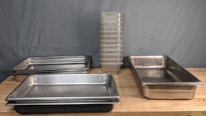 lot 154 image: Collection of 9 Stainless Steel Steam TableHotel Pans and 12 Acrylic Food Pans - X