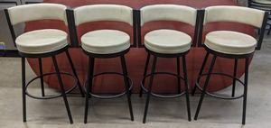 lot 142 image: Set of 4 Barstools with Black Metal Bases and Cream Upholstered Seats and Backs - X