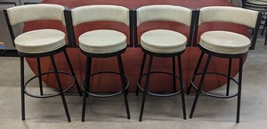 lot 144 image: Set of 4 Barstools with Black Metal Bases and Cream Upholstered Seats and Backs - X