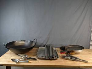 lot 184 image: Assortment of Tramontina Fry Pans, Wok, Ice Cream Scoop, Metal Tongs and More - X