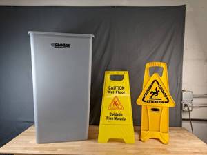 lot 188 image: Caution Wet Floor Signs and a Global Plastic Trash Can - X