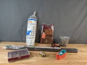 lot 189 image: Assortment of HDX Plastic Sheeting, Drywall Screws, Underdoor Seal, Tape Dispenser, Compartment Storage Container and More - X