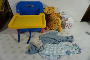 lot 79 image: Plastic High Chair, Baby Clothes