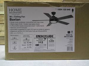 lot 61 image: Home Decorators Collection Baxtan 56 in. LED Matte Black Ceiling Fan with Light and Remote Control
