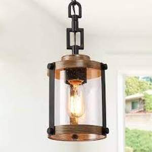 lot 7 image: Modern Farmhouse Brown Chandelier 1-Light Black Drum Mini Island Pendant light with Seeded Glass Shades