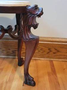 Exotic Caved Mahogany Pawfoot Accent Table with Marble Top