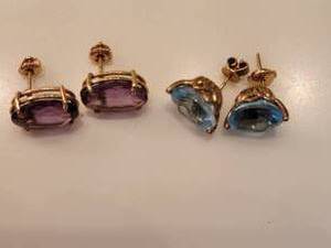 14k Yellow Gold Amethyst and Blue Topaz Earrings