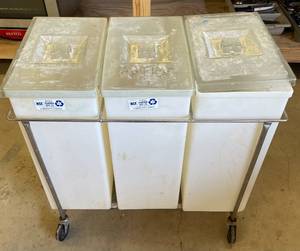 lot 9 image: 3 Bin Plastic Ingredient Storage Bin Cart 
