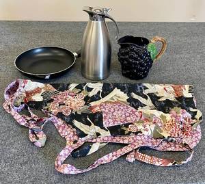 lot 67 image: Lot of Kitchen Supplies-Kraft, Handmade Apron, Frying Pan and Pitcher
