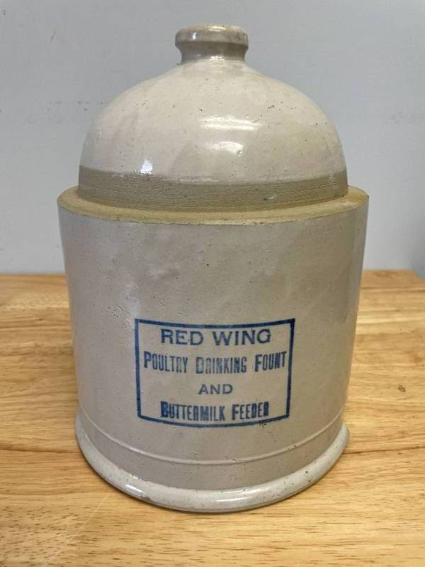 lot 54 image: Red Wing Crock Poultry Drinking FountButtermilk Feeder Top. 