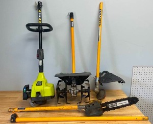 lot 1 image: RYOBI RY251PH Expand-it Gas Power Head w Tiller, Weed Whip and Pole Saw Attachments