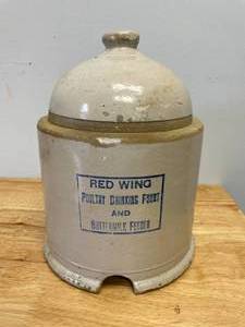 lot 53 image: Red Wing Crock Poultry Drinking FountButtermilk Feeder Top. 