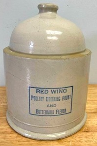 lot 59 image: Red Wing Crock Poultry Drinking FountButtermilk Feeder Top