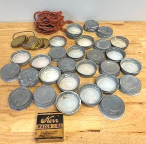 lot 71 image: Lots of Vintage Zinc Canning Lids with GlassPorcelain Inserts