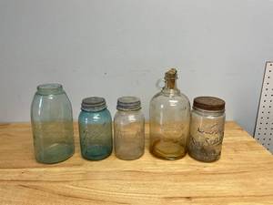 lot 72 image: Lot of 5 Vintage Glass Jars-Ball Kerr Ceo.H.Lee Remedies