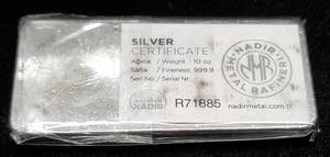 lot 01 image: 10 TROY OZ .999 FINE SILVER BAR NADIR METALS SEALED