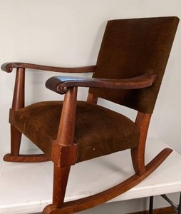 lot 76 image: Vintage Rocking Chair with Upholstered Brown Seat and Back