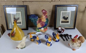lot 114 image: Bok Bok  16 Piece Lot of Chicken Wall Art, Dishware, Figures and More