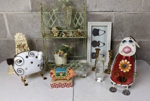 lot 120 image: Large Lot of CountryFloral Home Decor Items Metal Sheep Figure, Green Metal Shelf, Birdhouse and More