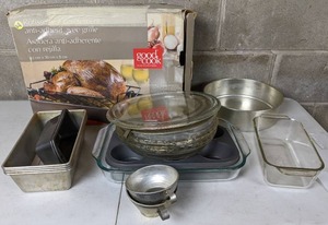lot 123 image: Collection of Metal & Glass Bakeware Loaf Pans, Muffin Tin, Cheesecake Pan, Pie Plate and More
