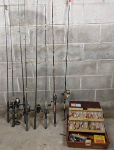lot 29 image: For the Fisherman Assortment of 8 Rod & Reels and Tackle Box