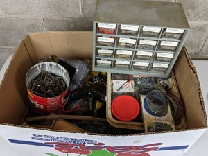 lot 37 image: Assorted Garage Items Picture Hanging Accessories with Organizer, Nails, Sandpaper, Caulk and Much More