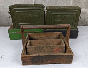 lot 51 image: Vintage Ammo Boxes, Wood Cheese Box, Auger Drill Bits