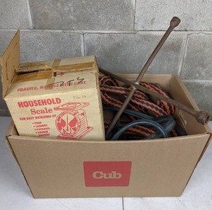 lot 20 image: Miscellaneous Garage Items Straps, Lug Nut Wrench, Jumper Cables, Household Scale, and More
