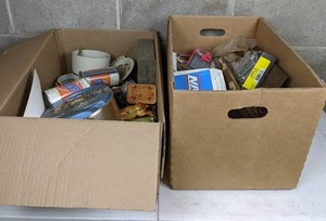 lot 36 image: Large Assortment of Junk Drawer and Garage Items Cards, Staple Removers, Vintage Billy Beer Cans, Nails, Wire Connectors, and More