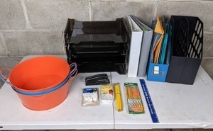lot 86 image: Assortment of Office Stationary Paper Organizers, File Storage, Binders, Pencils, Stapler, Ruler and More