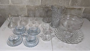 lot 90 image: Assortment of Clear Glassware Pitchers, Punchbowl, Glasses, Teacups, Saucers and More