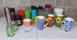 lot 101 image: Assortment of Drinkware Ceramic Mugs, Cups, Reusable Water Bottles and More