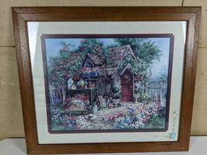 lot 113 image: Framed & Matted Print Spring Garden Shed by Barbara Mock