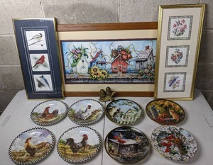 lot 118 image: Lot of 3 Framed Bird Prints and 8 Collectors Plates of Birds, Chickens and Cats