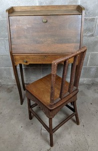 lot 128 image: Antique Wooden Drop Front Secretary Desk with Chair
