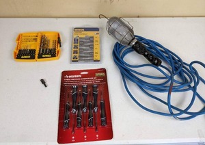 lot 135 image: New Husky 7-Piece Precision Screwdriver Set, New Irwin 7-Piece Power Grip Set, DeWalt Drill Bit Set & Hanging Work Light