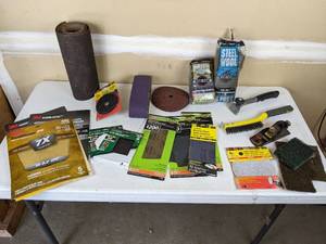 lot 112 image: Sand Paper and Discs, Steel Wool, Emory Cloth, Wire Brush, Stripper Pads, and more