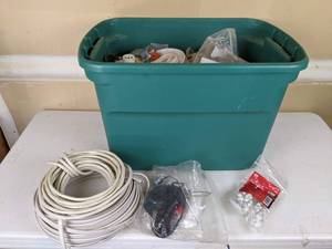 lot 116 image: Tub of Electrical Supplies (Wiring, Toggle Screws, Cable Staples, Electrical Tape, etc.)