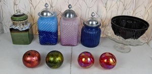 lot 79 image: Collection of Jars with Lids, Spheres, Bundt Pan, and Cake Stand