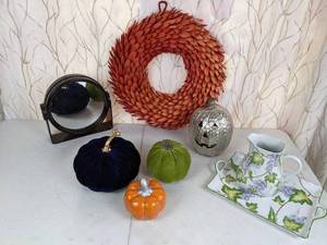 lot 87 image: Mixed Lot Includes Wreath, 4 Decorative FallHalloween Pumpkins, Mirror, & Pitcher with Serving Tray