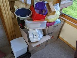 lot 168 image: Two Boxes Full of Containers Plastic, Storage Bins, Baskets and Much More